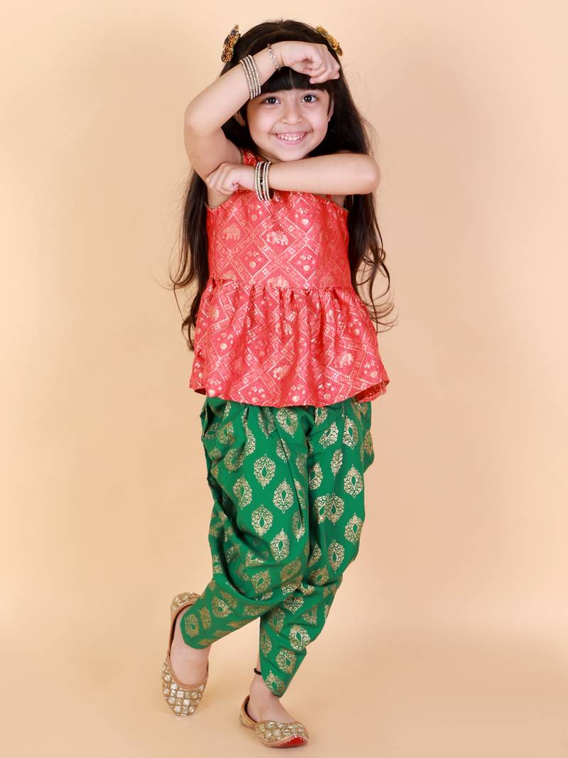 Twisha  Asymmetric Elephant design top with Dhoti -Red-Green