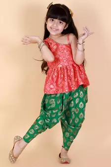 Twisha  Asymmetric Elephant design top with Dhoti -Red-Green