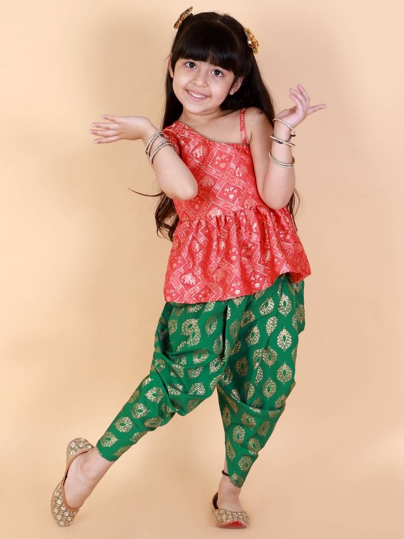 Twisha  Asymmetric Elephant design top with Dhoti -Red-Green