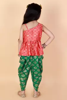 Twisha  Asymmetric Elephant design top with Dhoti -Red-Green