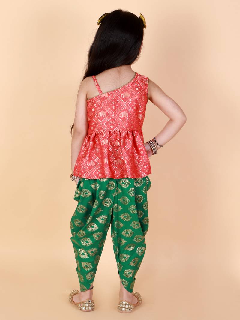 Twisha  Asymmetric Elephant design top with Dhoti -Red-Green