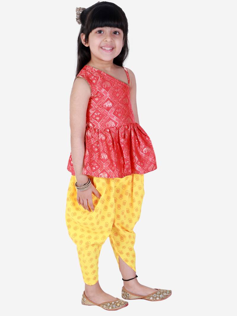 Twisha  Asymmetric neck Top with printed Dhoti-Red and Yellow