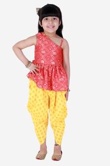 Twisha  Asymmetric neck Top with printed Dhoti-Red and Yellow