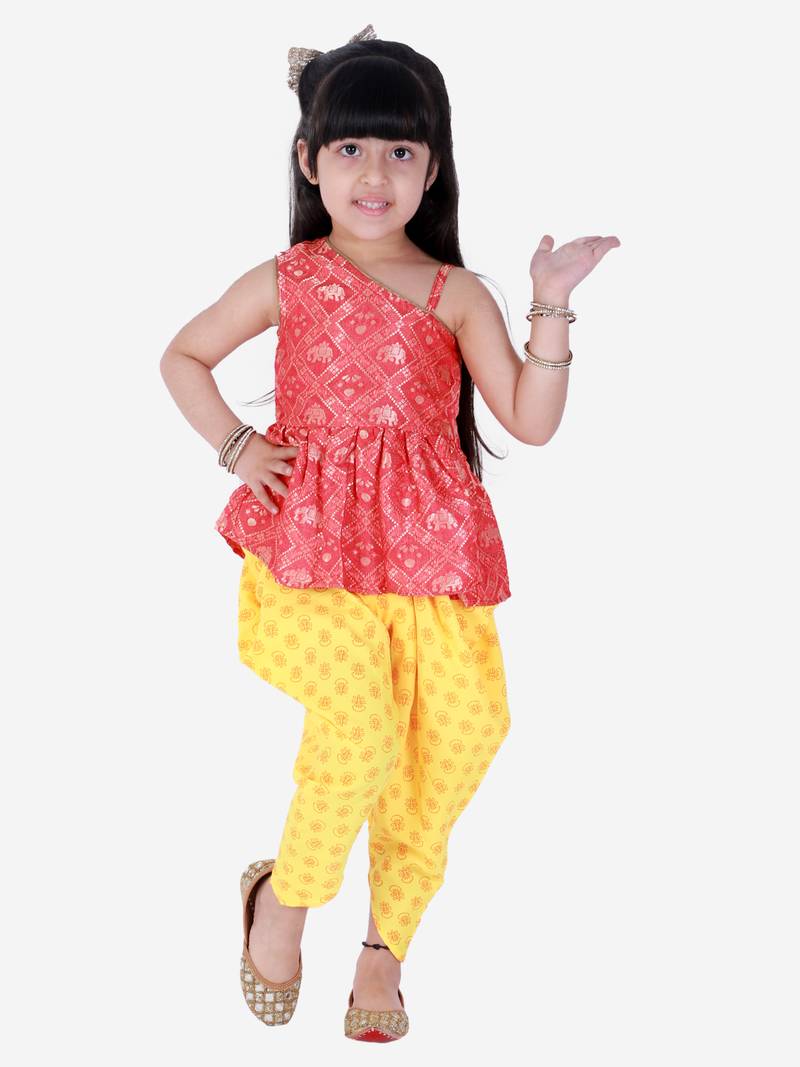 Twisha  Asymmetric neck Top with printed Dhoti-Red and Yellow