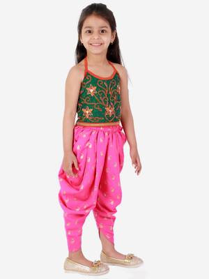 Twisha Girls Hand Embroidery Tie Up Top  with dolphin printed Dhoti set-Green& Pink 2