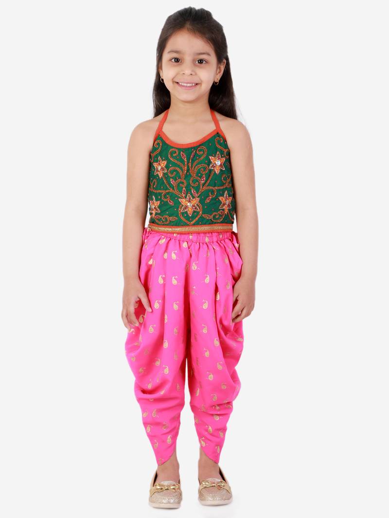 Twisha Girls Hand Embroidery Tie Up Top  with dolphin printed Dhoti set-Green& Pink