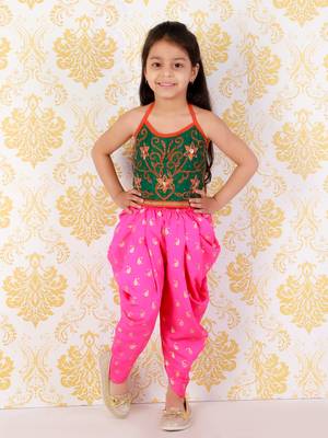 Twisha Girls Hand Embroidery Tie Up Top  with dolphin printed Dhoti set-Green& Pink 1