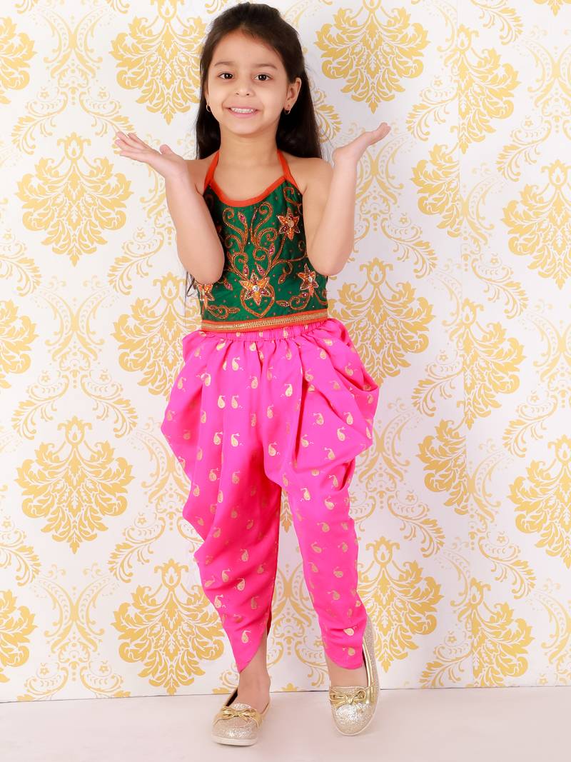 Twisha Girls Hand Embroidery Tie Up Top  with dolphin printed Dhoti set-Green& Pink