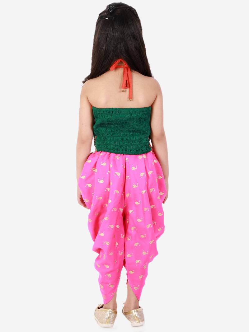 Twisha Girls Hand Embroidery Tie Up Top  with dolphin printed Dhoti set-Green& Pink