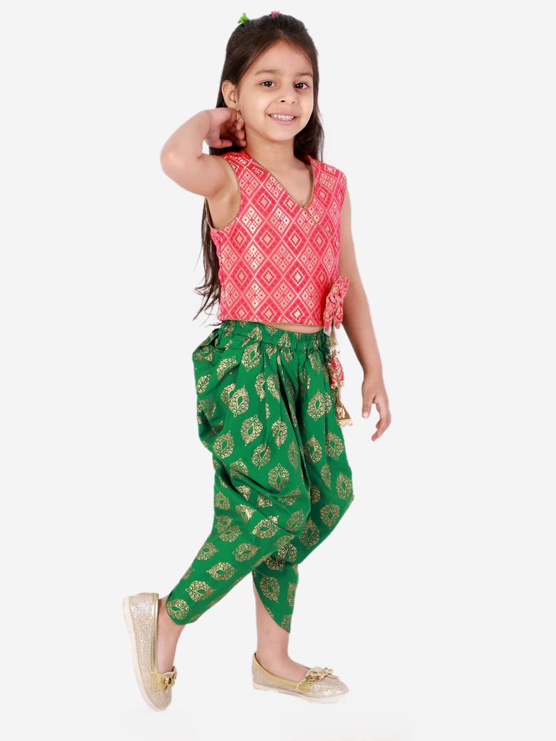 Twisha Girls Brocade Top With Designer bow and tassles with printed Dhoti