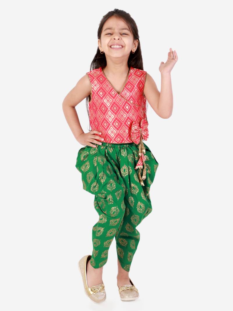Twisha Girls Brocade Top With Designer bow and tassles with printed Dhoti