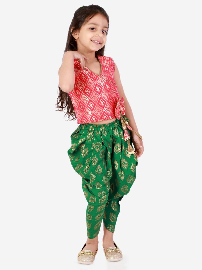 Twisha Girls Brocade Top With Designer bow and tassles with printed Dhoti
