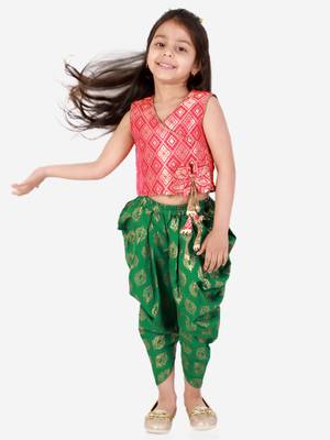 Twisha Girls Brocade Top With Designer bow and tassles with printed Dhoti 1