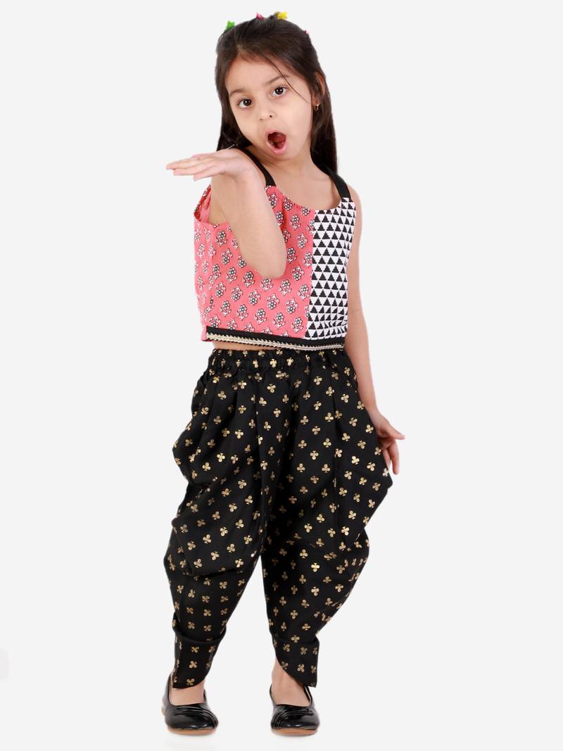 Twisha Girls half  & half print  top with printed Dhoti set - Pink & Black