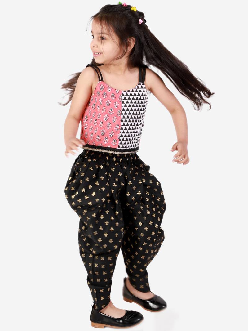 Twisha Girls half  & half print  top with printed Dhoti set - Pink & Black