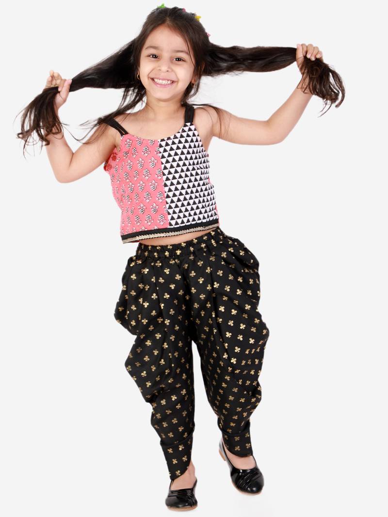 Twisha Girls half  & half print  top with printed Dhoti set - Pink & Black