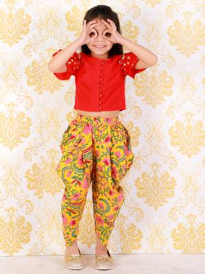 Twisha Girls printed top with potli button details and  printed Dhoti-Red And Yellow 1
