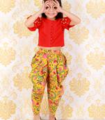 Twisha Girls printed top with potli button details and  printed Dhoti-Red And Yellow