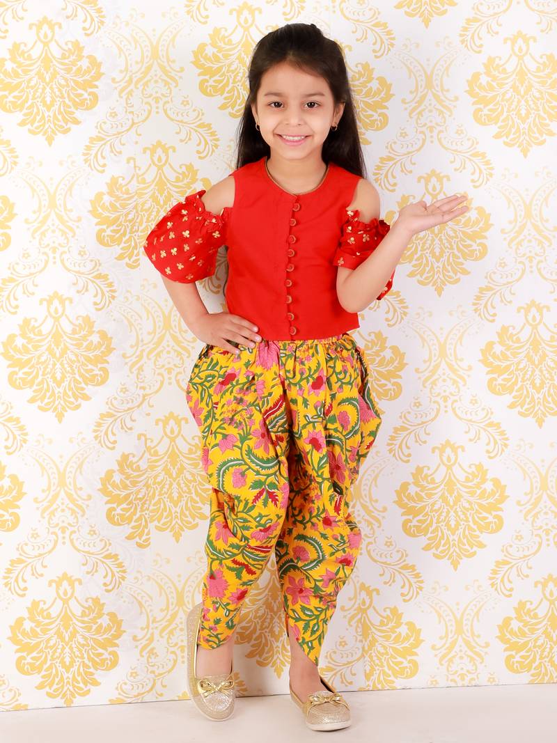 Twisha Girls printed top with potli button details and  printed Dhoti-Red And Yellow