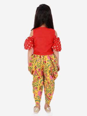 Twisha Girls printed top with potli button details and  printed Dhoti-Red And Yellow 3