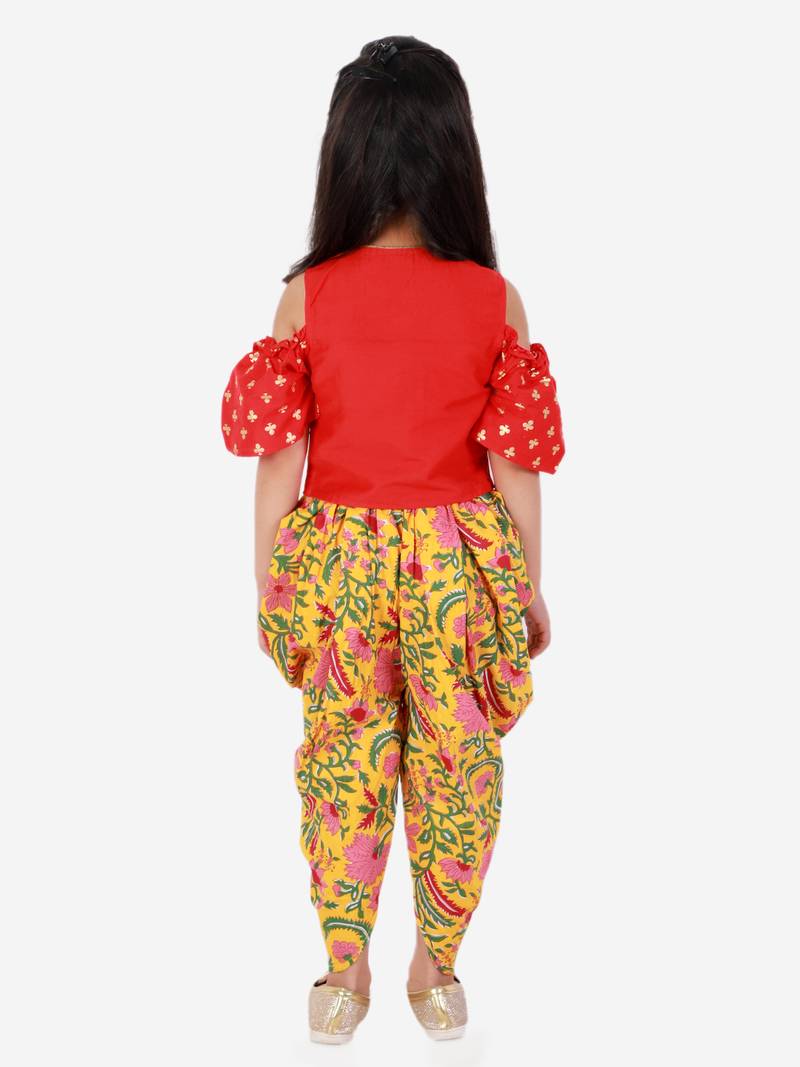 Twisha Girls printed top with potli button details and  printed Dhoti-Red And Yellow