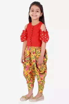 Twisha Girls printed top with potli button details and  printed Dhoti-Red And Yellow