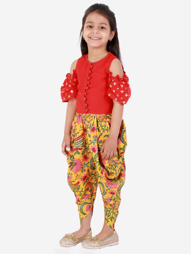 Twisha Girls printed top with potli button details and  printed Dhoti-Red And Yellow