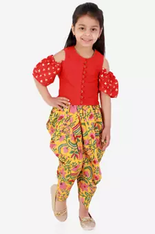 Twisha Girls printed top with potli button details and  printed Dhoti-Red And Yellow