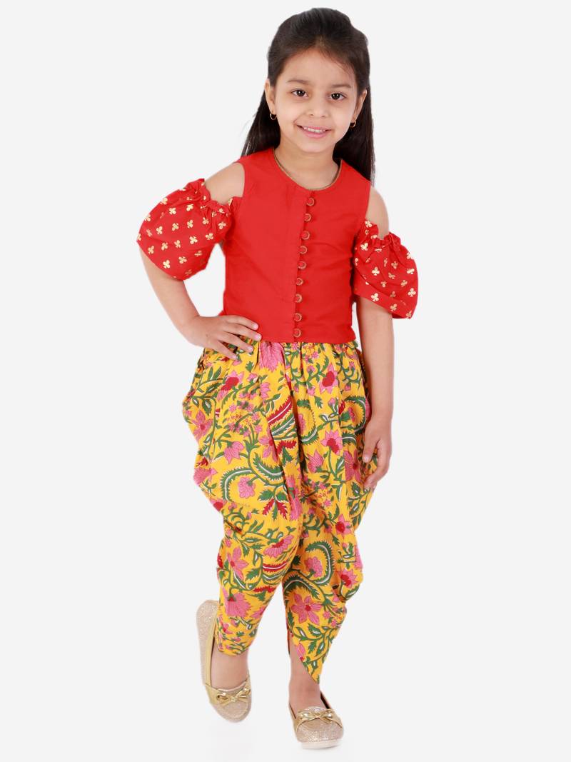 Twisha Girls printed top with potli button details and  printed Dhoti-Red And Yellow