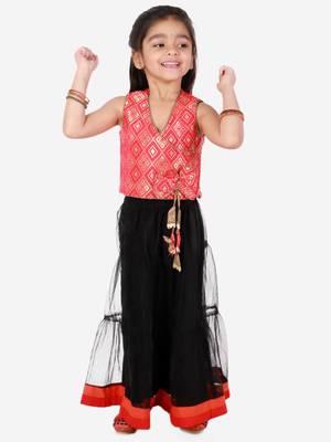 Twisha Girls Brocade Top With Designer bow and tassles with ghagra-Red & Black 1