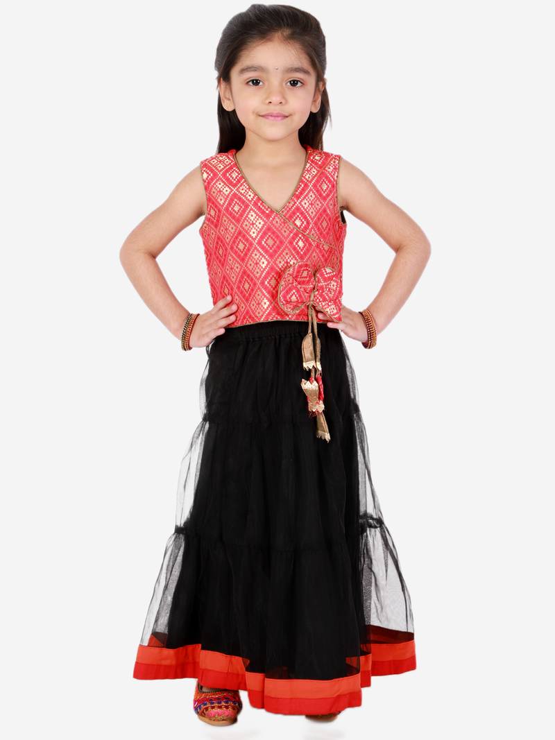 Twisha Girls Brocade Top With Designer bow and tassles with ghagra-Red & Black