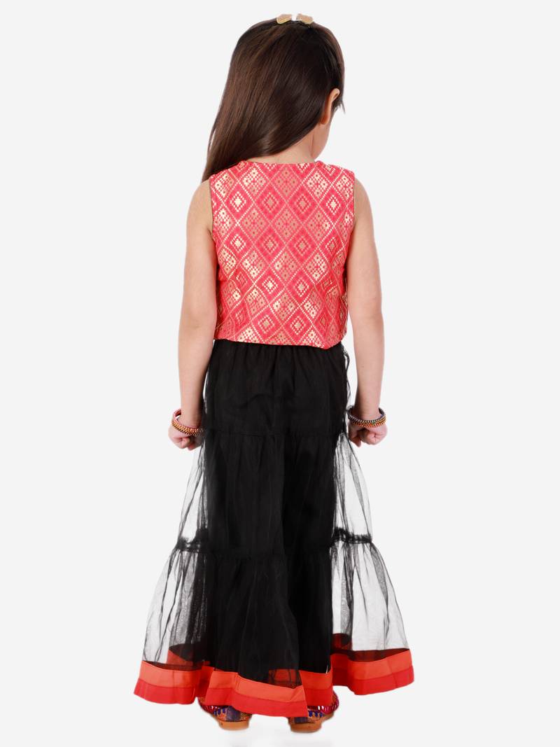 Twisha Girls Brocade Top With Designer bow and tassles with ghagra-Red & Black