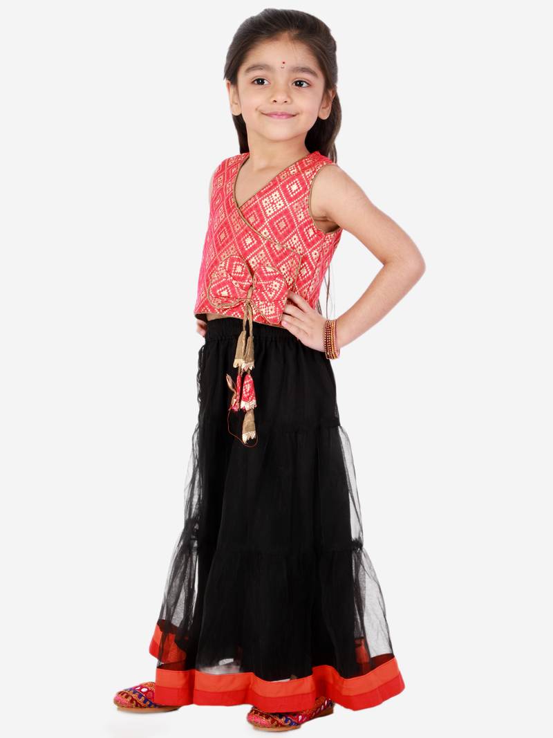 Twisha Girls Brocade Top With Designer bow and tassles with ghagra-Red & Black
