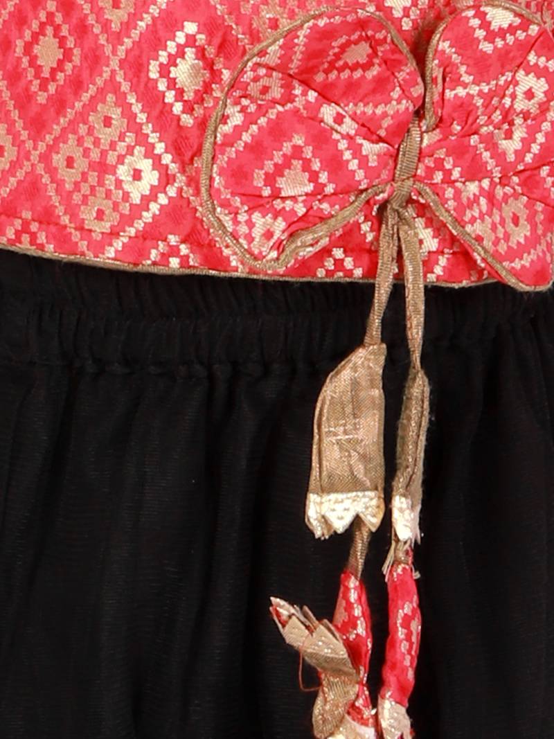 Twisha Girls Brocade Top With Designer bow and tassles with ghagra-Red & Black