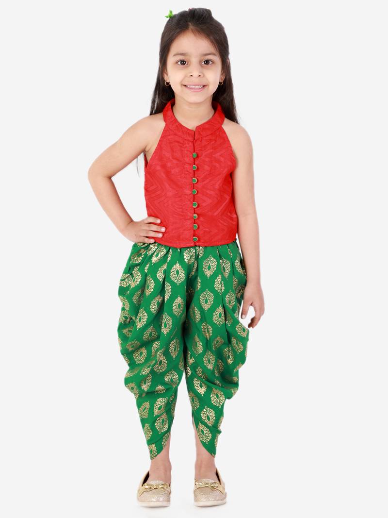 Twisha Girls  incut styleTop  with  Printed Dhoti Red& Green