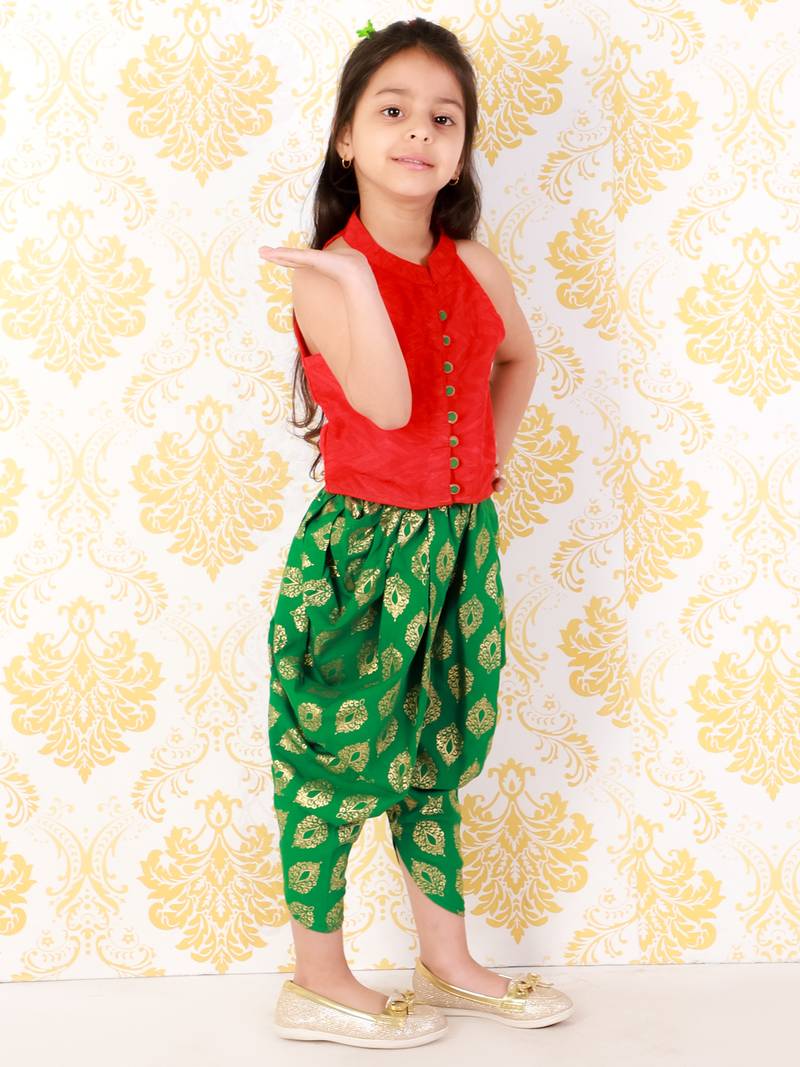 Twisha Girls  incut styleTop  with  Printed Dhoti Red& Green