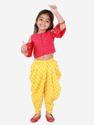 Twisha Girls printed top with potli button details and printed Dhoti-Pink And Yellow 1