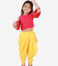 Twisha Girls printed top with potli button details and printed Dhoti-Pink And Yellow