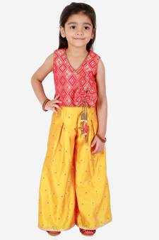 Twisha Girls Brocade Top With Designer bow and tassles with palazzo- Red & Yellow