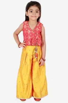 Twisha Girls Brocade Top With Designer bow and tassles with palazzo- Red & Yellow