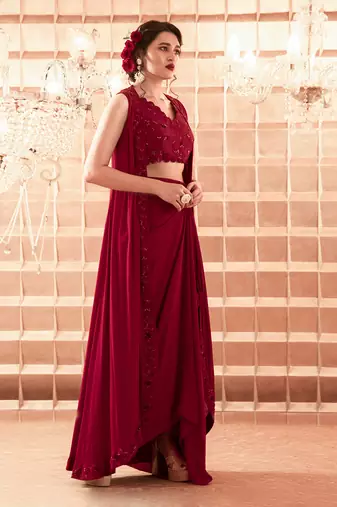 Oxblood Anastasia Lehenga Cape Set