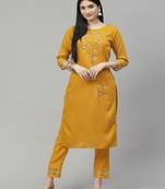 Yellow Cotton Zari Embroidered Viscose Weaving Kurta Pant Set