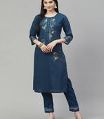 Teal Cotton Zari Embroidered Viscose Weaving Kurta Pant Set