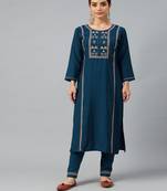 Teal Sequence Zari work Cotton Blend Straight Kurta Pant Set