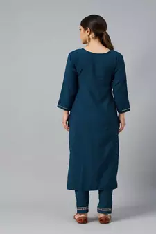 Teal Sequence Zari work Cotton Blend Straight Kurta Pant Set