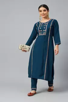 Teal Sequence Zari work Cotton Blend Straight Kurta Pant Set