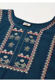 Teal Sequence Zari work Cotton Blend Straight Kurta Pant Set