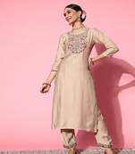 Beige Zari Sequence Embroidered Viscose Straight Kurta Pant Set