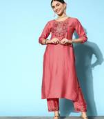 Peach Zari Sequence Embroidered Viscose Straight Kurta Pant Set
