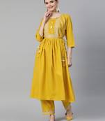 Mustard Zari Embroidery with Sequence Ruby Cotton Kurta Pant Set